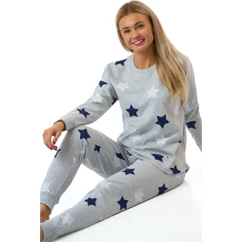 Dámské noční prádlo Dámské pyžamo z teplé bavlny šedé s modrobílými hvězdičkami 1TB0107 šedá xxl