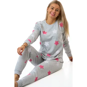 Dámské pyžamo Dámské pyžamo z teplé bavlny šedé s růžovými a bílými hvězdami 1TB0111 šedá xxl