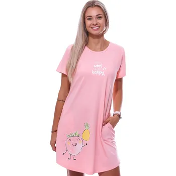 Dámská noční košile Růžová noční košilka s krátkými rukávy pro ženy či dívky s jahůdkou COOL HAPPY 1C3809 růžová xxl