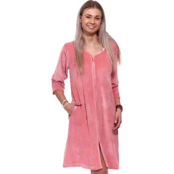 Dámský župan Růžový elegantní hřejivý župan na zip ze sametu - velur 1TB0079 růžová s