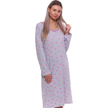 Dámské noční prádlo Šedá i růžová noční košilka dlouhými rukávy pro plnoštíhlé ženy, se srdíčky 1C3870 šedá xxxl