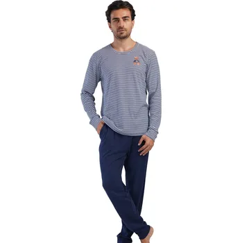 Pánské pyžamo Pánské pyžamo s medvědem modro-bílé pruhované, teplé 1TB0143 modrá s