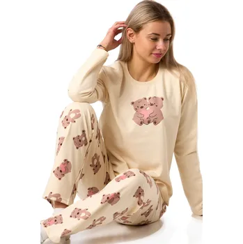 Dámské pyžamo Pyžamo dámské z teplé bavlny béžové s medvídky a srdíčky 1TB0139 béžová xxl