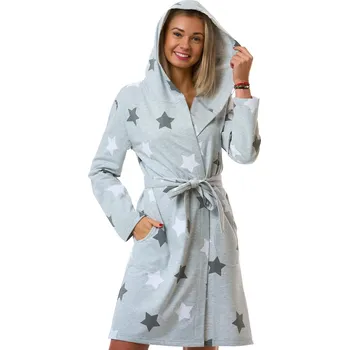 Dámský župan Dámský župan s kapucí, teplá bavlna, šedý, tmavě šedé a bílé hvězdy 1TB0106 šedá xxl
