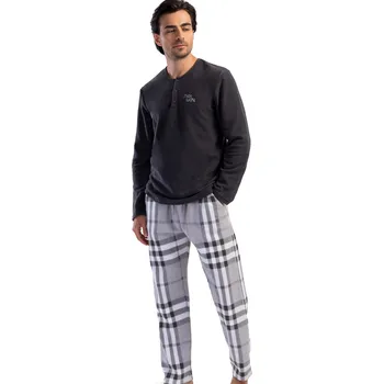 Pánské pyžamo Šedé kárované EXTRA hřejivé elegantní pyžamo pro muže propínací u krku na knoflíky ARIGIN 1Z1669 šedá s