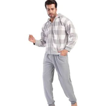 Pánské pyžamo Šedé kostkované hřejivé sportovní pánské pyžamo s kapucí propínací na zip 1Z1698 šedá xxl