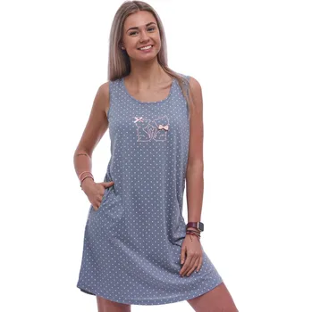 Dámské noční prádlo Šedá puntíkatá dámská noční košilka bez rukávů s kočkami 1C3922 šedá s
