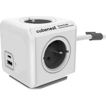 Elektrická zásuvka Cubenest Powercube Extended USB PD 20W, A+C, 4× zásuvka, 3m, bílá/šedá, dětská pojistka, uzemnění, dok, 10A/250V