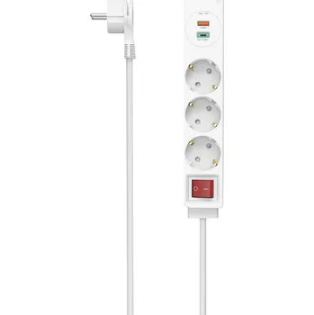 elektrický kabel Hama prodlužovací přívod, 3x zásuvka schuko, USB-C PD/USB-A QC 18 W, 1,4 m