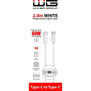 Datový kabel WG Datový kabel Type-C_Type-C, 3 A, bílý, 2 m