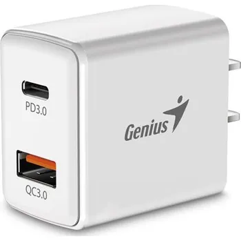 Genius PD-20AC, Napájecí adaptér, síťová nabíječka, 1× USB, 1× USB-C, 3A, Quick Charge 3.0, PD 3.0, 20W,100–240V, Bílá
