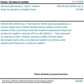 ČSN EN IEC 62305-3 ed. 3 - Ochrana před bleskem - Část 3: Hmotné škody na stavbách a ohrožení života - Tisk
