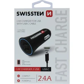 Swissten CL Adapter 2x USB 2.4A power + USB-C (1.2m)
