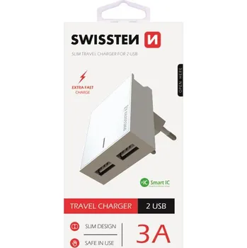 Swissten síťový adaptér smart IC 2X USB 3A power, bílý