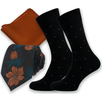 Kravata Černo cihlový pánský set – kravata, kapesníček a ponožky