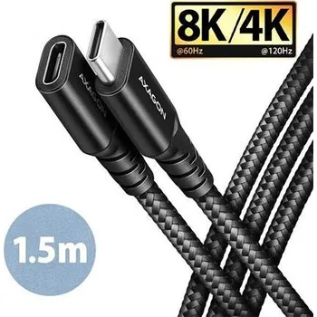 Kabel AXAGON BUCM32-CF15AB prodlužovací kabel USB-C (M) USB-C (F), 1,5m, USB 20Gbps, PD 240W 5A, 8K HD, ALU, oplet, černý