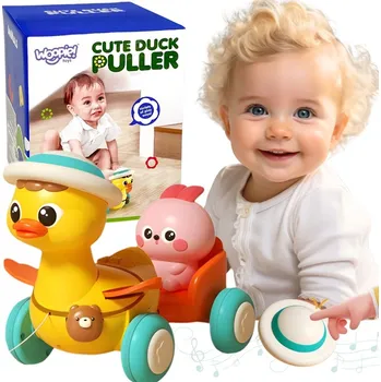 Dřevěná hračka WOOPIE BABY Žlutá kachna s růžovým králíčkem v přívěsném vozíku
