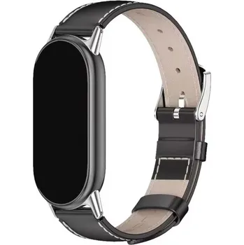 MůjMiBand.cz Kožený náhradní náramek pro Xiaomi Smart Band 8, 9 a 10 Barva: černá s bílým prošíváním