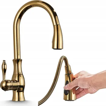 Vodovodní baterie KUCHYŇSKÁ BATERIE SE VYTÁHNOU ZLATOU SPRCHOU / KOHOUTEK PRO DŘEZ STOJÍCÍ ARI