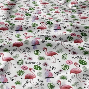 Bavlněné látky, metráž. Plameňák a zelené listy na Bílém