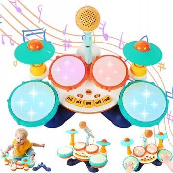 Hudební nástroj pro děti HRAČKA SE 4 BUBNY, 2 TALÍŘI S MIKROFONEM A PIANEM