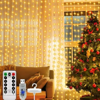 Vánoční dekorace SVĚTELNÝ ZÁVĚS NA OKNO 300 LED 3x3m SVĚTÝLKA TEPLÁ BÍLÁ GIRLANDA + DÁLKOVÉ OVLÁDÁNÍ