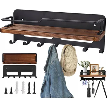 Věšák VĚŠÁK S POLICÍ NA ZEĎ na oblečení bundy nástěnný regál loft černý