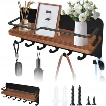 Věšák VĚŠÁK NA KLÍČE JEDNODUCHÝ S HORNÍ POLIČKOU A SEDMI HÁČKY NA ZEĎ