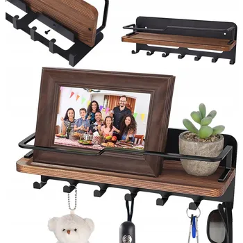 Věšák Nástěnný věšák s policí, 7 háčků, černo-dřevěný, 30 cm, pro domácnost i kancelář