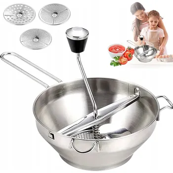 Kuchyňský mlýnek KUCHYŇSKÝ RUČNÍ MLÝNEK Z OCELI, 3 KOTOUČE NA ZELENINY A OVOCE PYRÉ, DOMÁCÍ