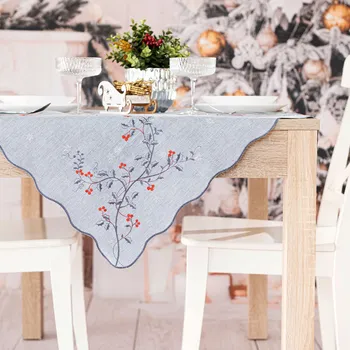 ubrus Šedý vánoční ubrus s výšivkou větvičky jeřabin 85x85 VÁNOCE