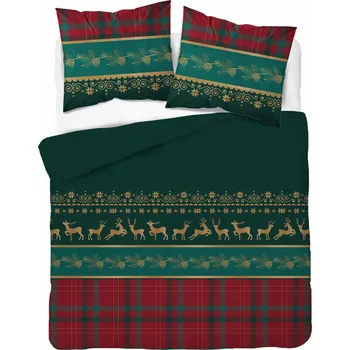 Povlečení Povlečení flanelové VÁNOČNÍ RENIFERY HVĚZDIČKY SNĚHOVÉ VLOČKY 220x200 zelené