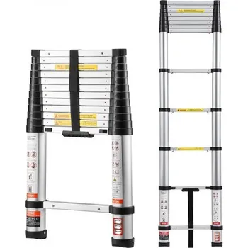 Žebřík Teleskopický žebřík VEVOR 3,8 m, hliníkový, lehký, víceúčelový, skládací, výsuvný, zatahovací, s nosností 150 kg a protiskluzovými nožičkami, pro domácnost, venkovní práci, půdu
