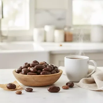 Čokoládová tyčinka Směs Neapol (Milan) 500 g – čokoládový mix s kávou, pomerančovou kůrou a arašídy (dokonalá kombinace kávových hrudek, pomerančové kůry, rozinek, hořké i mléčné čokolády a arašídů v cukrové krustě)