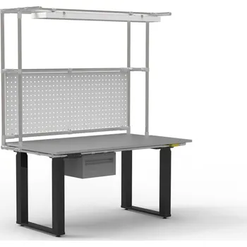 Dílenský stůl ESD Elektricky výškově stavitelný pracovní stůl s nástavbou [nerez + stříbrné spojky] Vyberte barvu konstrukce:: nerez + stříbrné spojky