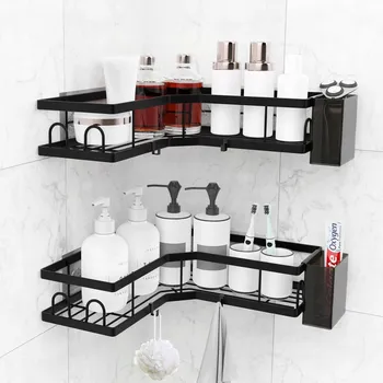 Koupelnový nábytek 2x Rohová závěsná koupelnová polička do sprchy, černá, styl loft, bez vrtání