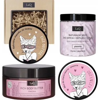 Tělový krém LaQ Kočička Pivoňka sada kosmetiky – tělové pěna + pleťová pěna + tělové máslo + pleťové máslo