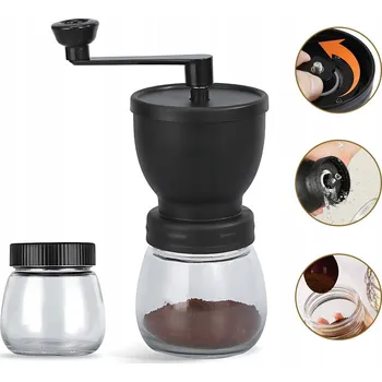 Mlýnek na kávu RUČNÍ MLÝNEK S KERAMICKÝMI KAMENY NA KÁVU, PEPŘ A KOŘENÍ + 2 SKLENĚNÉ NÁDOBY