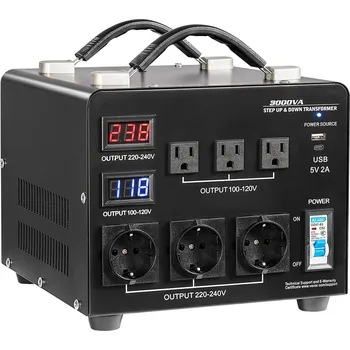 Měnič napětí Vevor Měnič napětí 3000 VA, 110↔220 V, 3×US a 3×EU zásuvky, lcd, s jističem