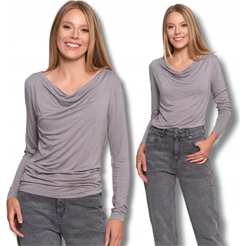 Dámská halenka DÁMSKÁ BLŮZKA VISKÓZA DLOUHÝ RUKÁV MORAJ VÝSTŘIH DO LODIČKY PŘILEHAVÁ ŠEDÁ L