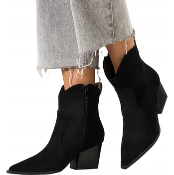 Dámská zimní obuv KOTNÍKOVÉ BOTY Černé Dámské POHODLNÉ Kovbojské Boty Široký Zkosený Semišový podpatek vel. 38