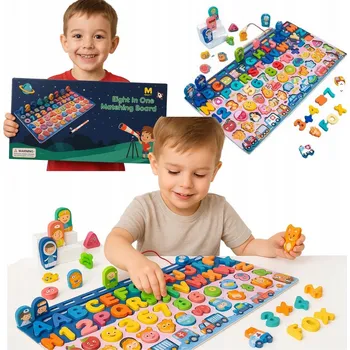 Dřevěná hračka Montessori 7v1 – Dřevěná Vzdělávací Logická Hra Čísla, Písmena, Rybičky