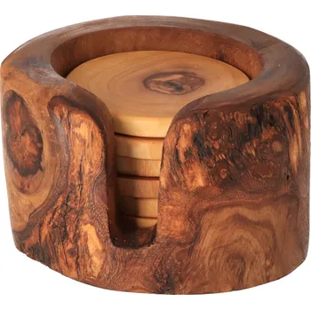 Sada 6 podtácků z olivového dřeva se zásobníkem