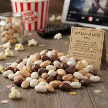 Čokoládová tyčinka ARAŠÍDY MIX 500g – pražené arašídy v hořké čokoládě, jogurtu a bílé čokoládě s karamelem (Pražené loupané arašídy (36%) v hořké čokoládě (10%), polevě s jogurtovou příchutí (10%) a polevě s karamelovou příchutí (10%))