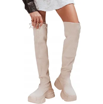 Dámské kozačky Bežové dámské kozačky nad koleno, styl ponožky ZY1322 - 36