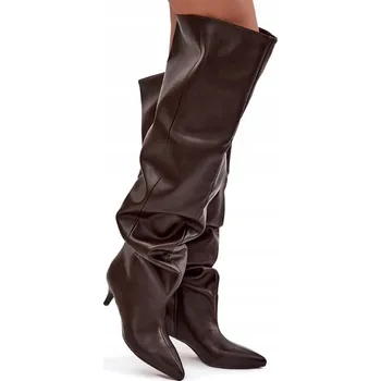 Dámská obuv Dámské kozačky z eko kůže na nízkém jehlovém podpatku, široké, nazouvací, čokoládové, velikost 41