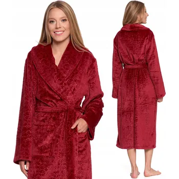 Dámské noční prádlo Dámský župan teplý dlouhý MORAJ na zavazování s kapsami pohodlný ČERVENÝ S