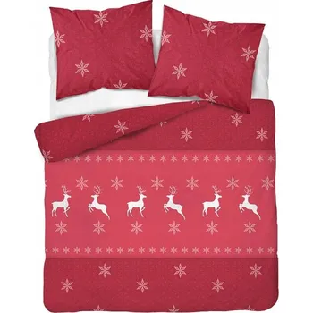 Povlečení Povlečení flanelové VÁNOČNÍ SOBÍ SNĚHOVÉ VLOČKY HVĚZDIČKY 160x200 červená