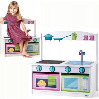 Dětská kuchyňka DREWNIANA KUCHNIA I ŁAWECZKA 2w1 KUCHYŇKA PRO DĚTI SADA NA VAŘENÍ 3+