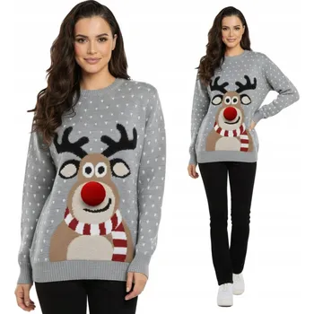 Dámský svetr Šedý vánoční svetr s 3D sobem a bambulkou, teplý zimní dámský 4XL